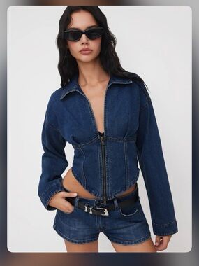 Cider DENIM COLLAR SOLID CORSET ZIPPER JACKET S CR14-5